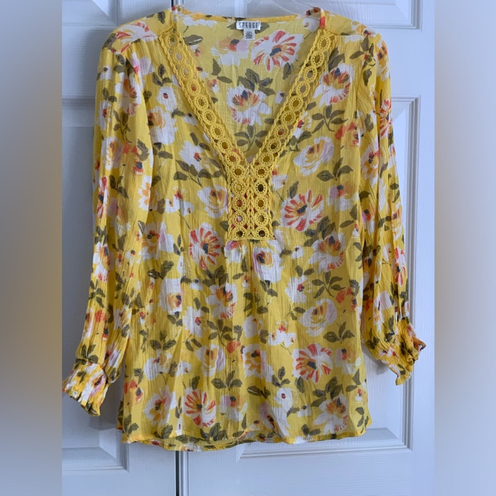 SPENSE Women’s Yellow Floral Gauze Long Sleeve Blouse Shirt Size: Medium - Picture 6 of 7